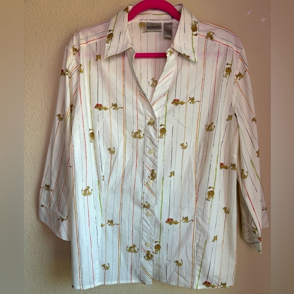 Chico’s Optic White Striped “Roaring Tails” Lion Print Olissa 3/4 Blouse 3 XL 16
